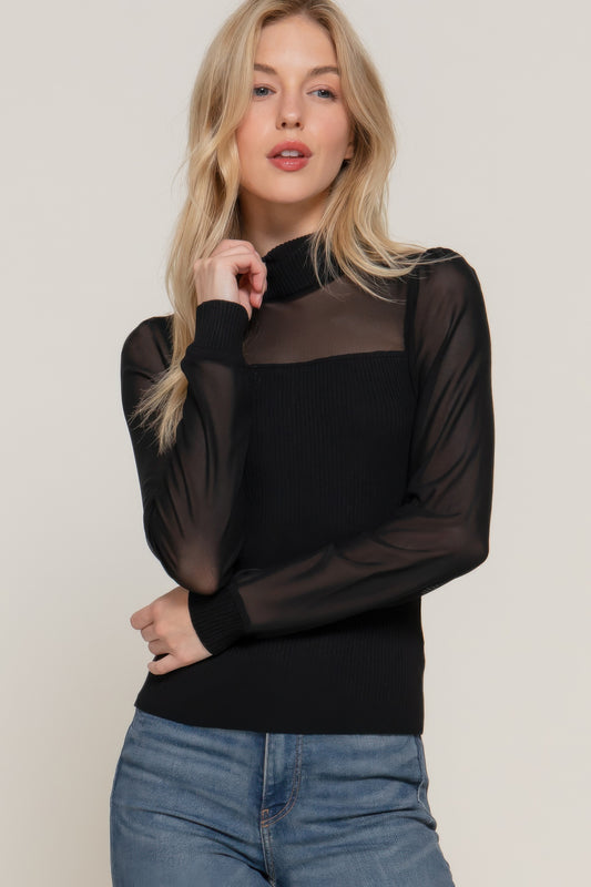 Long Slv Mesh Panel Detail Sweater Top