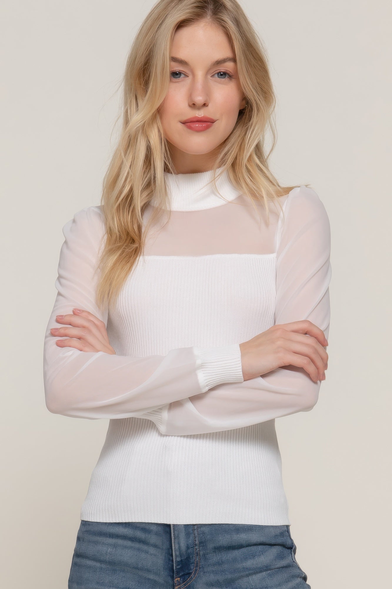 Long Slv Mesh Panel Detail Sweater Top